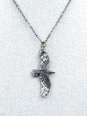 Soaring Eagle Bird Very Detailed Textured Feathers Antiqued Silver-Tone Necklace